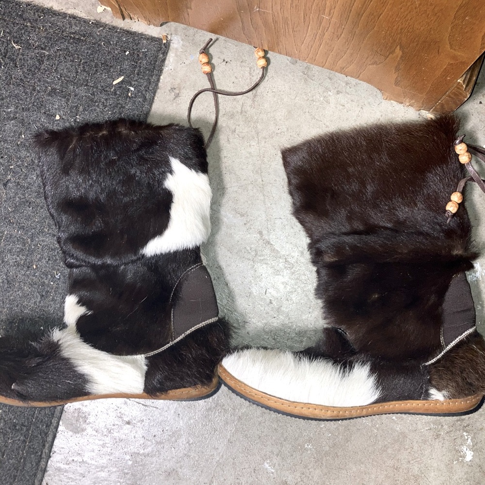 Handmade repaired cow skin and cow fur boots